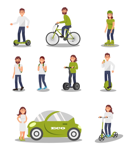 プレミアムベクター 環境にやさしい代替輸送車両セット 現代の電気自動車 スクーター 自転車 セグウェイ に乗る人々 健康的でアクティブなライフスタイルのイラスト