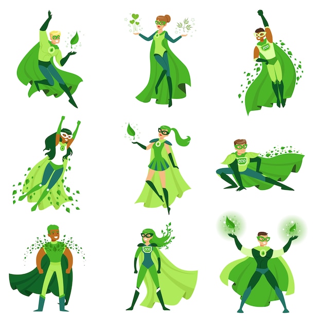 Ecoスーパーヒーローキャラクターセット 緑のケープのイラストが異なるポーズの若い男性と女性 プレミアムベクター