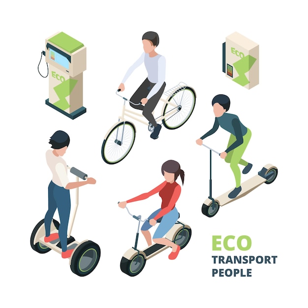 Ecoは人々を輸送します 3d自転車電気自動車都市車両自転車セグウェイアイソメトリックイラスト プレミアムベクター