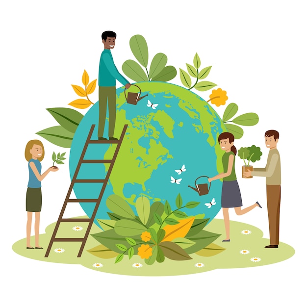 Premium Vector Ecology Concept People Take Care About Planet Protect Nature Earth Day Globe With Plants And Volunteer People