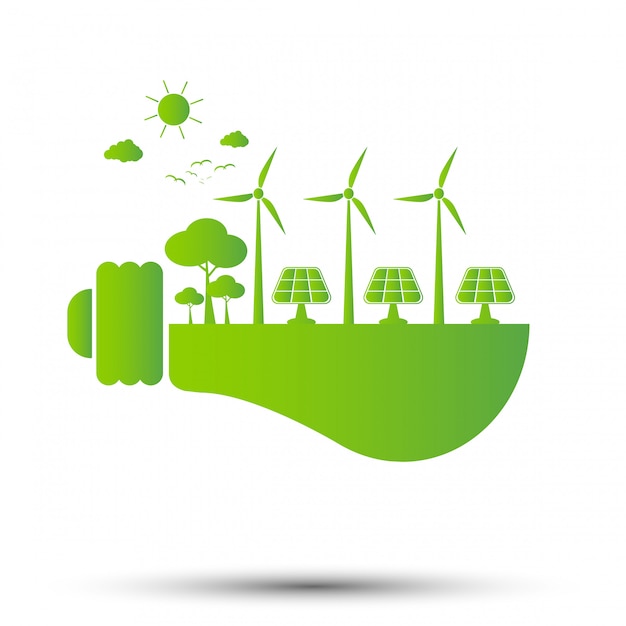 エコロジーの概念 世界は省エネ電球グリーン ベクトルイラストです プレミアムベクター