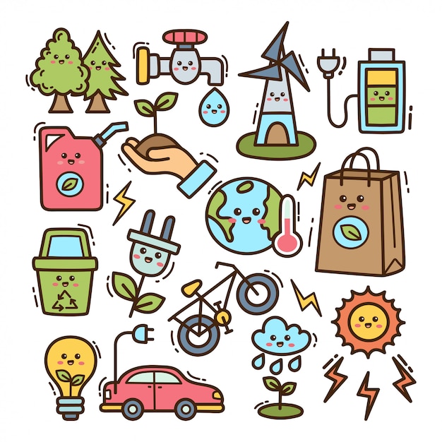 Premium Vector | Ecology element in kawaii doodle illustration