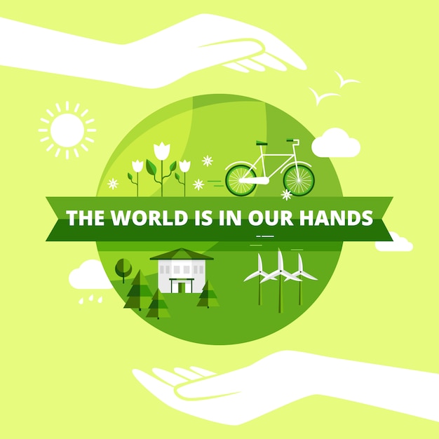 Ecology friendly design with world in hands sun and clouds Free Vector