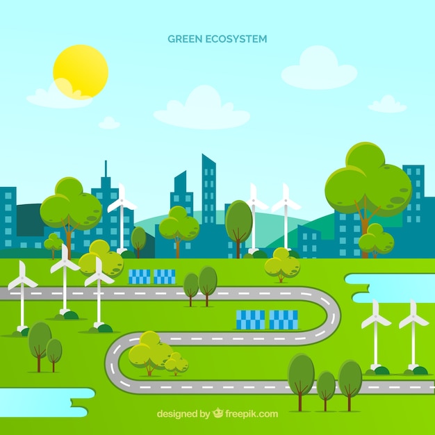 Ecosystem concept with road and city Free Vector