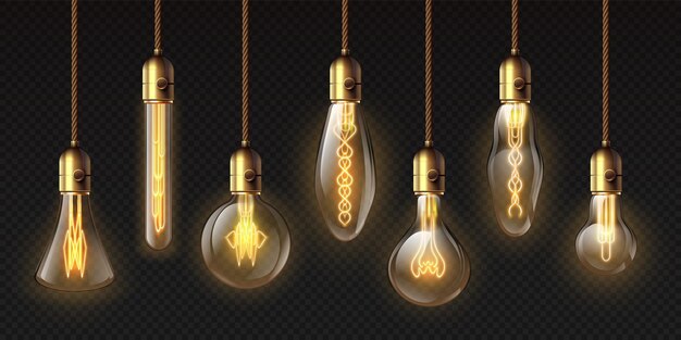 エジソン電球 輝く電球フィラメントを備えた吊り下げ式のヴィンテージペンダント銅ランプ 電気ワイヤーベクトルセットの3d装飾電球 イラスト エジソンライト光る 電球ライト プレミアムベクター