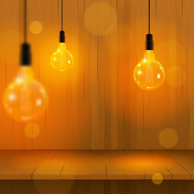 エジソンのランプデザイン エジソンライトガーランドと木製 イラスト 現実的な光と木製 プレミアムベクター