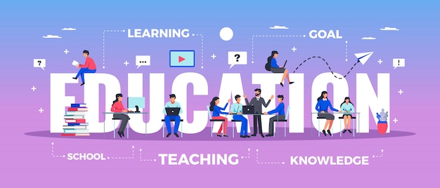 Education horizontal typography banner set with learning and knowledge symbols flat  illustration Free Vector
