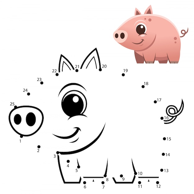 教育番号ゲーム ドットゲームにドット 豚の漫画 プレミアムベクター