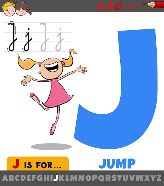 ジャンプワードとアルファベットから文字jの教育漫画イラスト プレミアムベクター