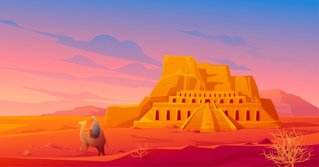 ハトシェプスト神殿とラクダとエジプトの砂漠 無料のベクター
