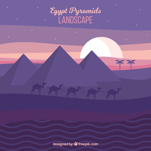 Egypt pyramids landscape with camel caravan in
the night