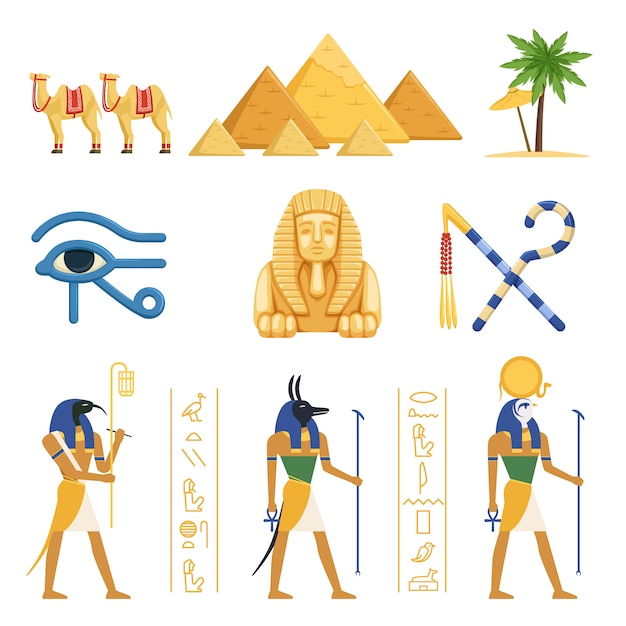 エジプトセット ファラオと神々の力のエジプトの古代のシンボル白地にカラフルなイラスト プレミアムベクター