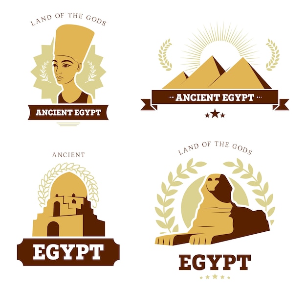 エジプト旅行フラットロゴセット ピラミッド スフィンクス像 ファラオの彫刻のベクトルイラストコレクションの古代エジプトの宗教と文化のシンボル エジプト学と歴史の概念 無料のベクター