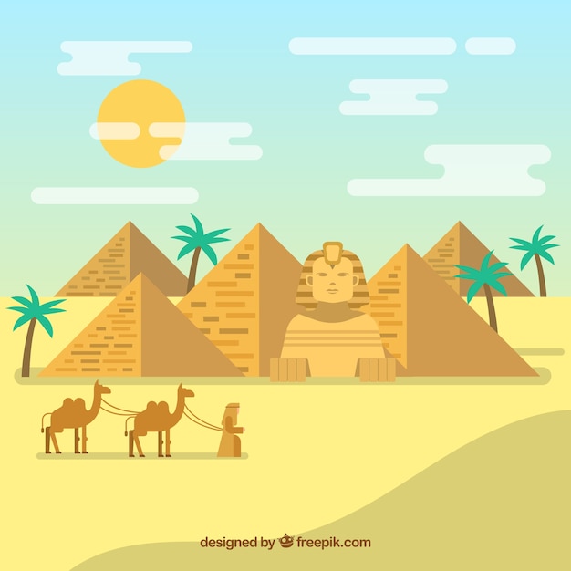 Egyptian desert landscape with pyramids and\
caravan