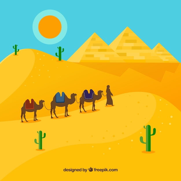 Egyptian desert landscape with pyramids and\
caravan