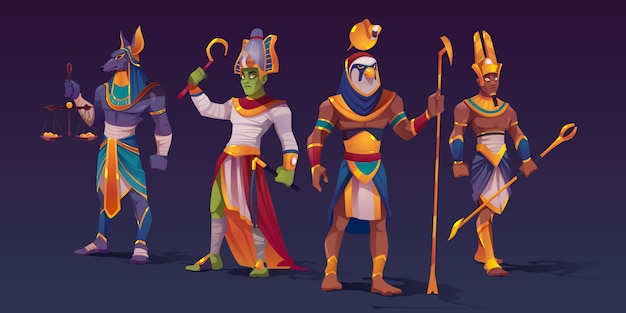Free Vector Egyptian Gods Anubis Ra Amon And Osiris Ancient Egypt Deities Characters In