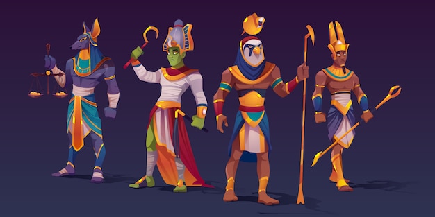 Ancient Egyptian God Amun Osiris Pharaoh And Cleopatra Vector Cartoon