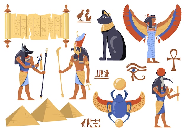 エジプトの神話の文字セット 古代エジプトのシンボル 猫 アイリス パピルス 鳥や動物の頭を持つ神々 スカラベ セイサー ピラミッド 無料のベクター