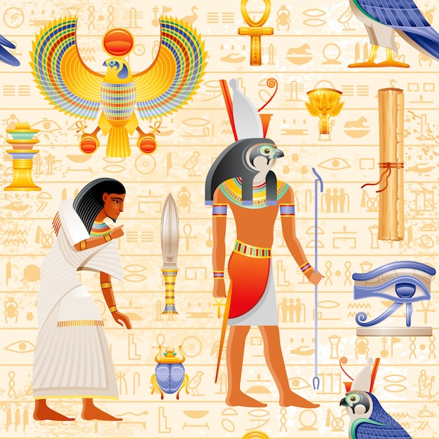 エジプトのシームレスなパピルスパターンとファルコンホルス神とファラオ要素 アンク スカラベ 目wadjet 奴隷 古代の歴史的な芸術は 象形文字 パターンの背景を持つエジプトを形成します プレミアムベクター
