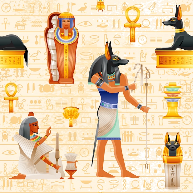 ジャッカルアヌビス神とエジプトのシームレスなパピルスパターン ファラオの要素 ミイラ 天蓋 犬 の墓 奴隷 古代の歴史的な芸術は 象形文字パターンの背景を持つエジプトを形成します プレミアムベクター