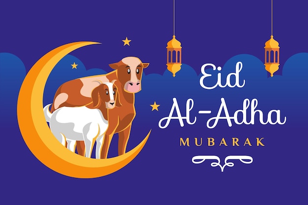 Premium Vector Eid Al Adha Mubarak Banner With Crescent Moon Goat And Cow 4742