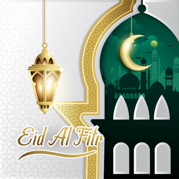 Eid al- fitr background with fanoos lantern & mosque Premium Vector