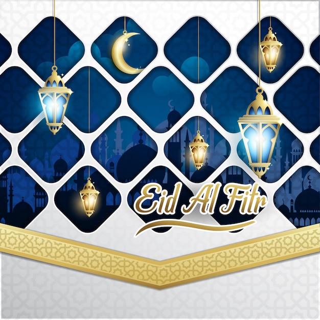 Eid al- fitr background with fanoos lantern & mosque Premium Vector
