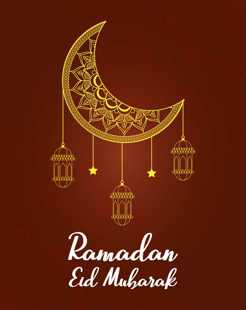 Premium Vector Eid Mubarak Celebration With Lanterns Hanging And Moon