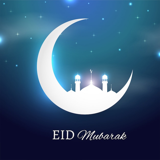 Premium Vector | Eid mubarak concept with shiny crescent moon and mosque