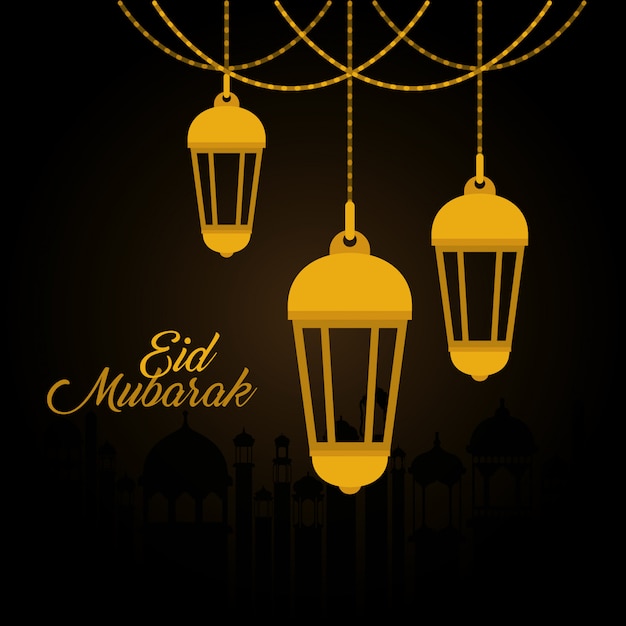 Premium Vector | Eid mubarak gold lanterns vector design