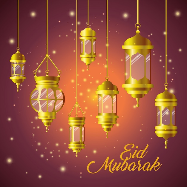 Premium Vector | Eid mubarak gold lanterns with stars shining design