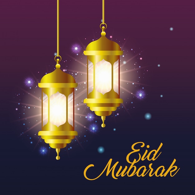 Premium Vector | Eid mubarak gold lanterns with stars shining design