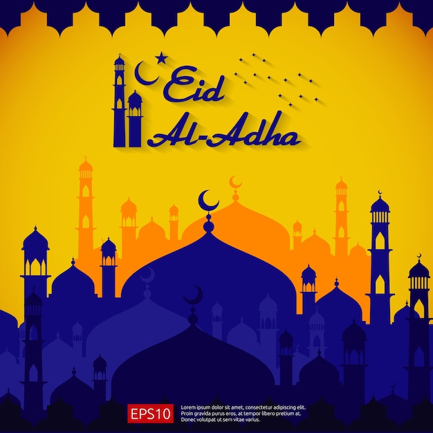 Eid mubarak greeting card design with dome mosque element Premium Vector