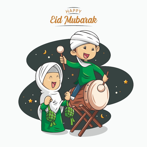 Eid mubarak with hand drawn islamic illustration vector Premium Vector