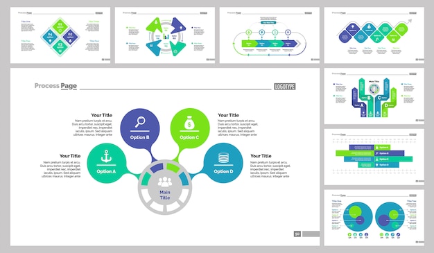 Free Vector | Eight workflow slide templates set