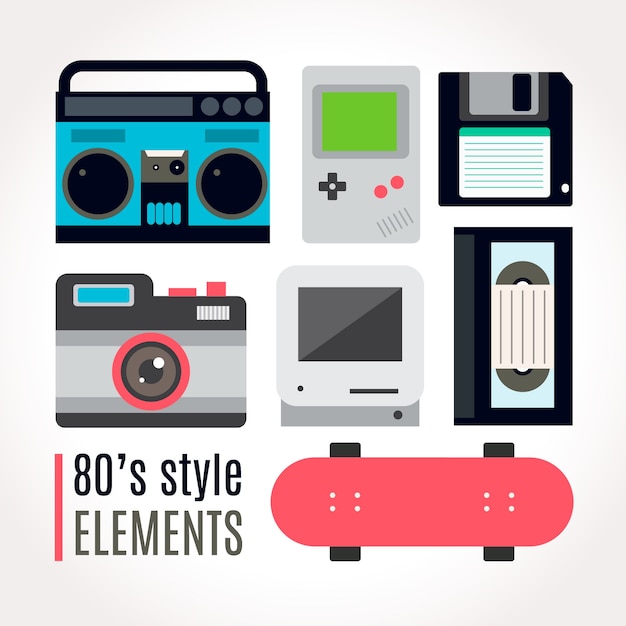 Eighties technological accessory collection\
with skateboard