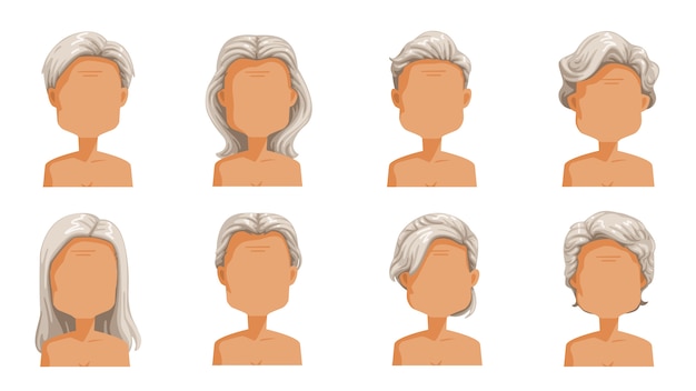 年配の女性の髪型年配の女性の髪の毛 白髪の女性漫画ヘアスタイルのセットです おしゃれなおしゃれなタイプのコレクション プレミアムベクター