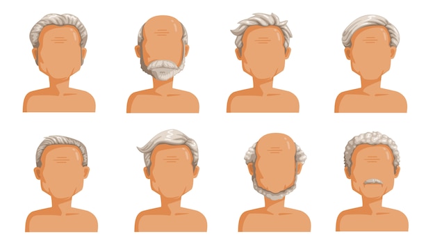 老人の髪の毛 男性漫画のヘアスタイルの白髪セット ひげと老人のひげ おしゃれなお洒落なタイプのコレクション プレミアムベクター