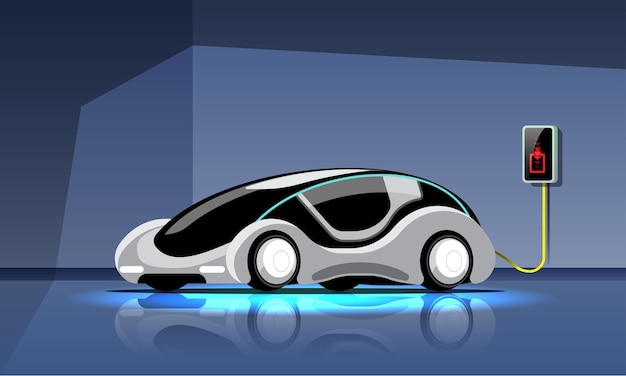 Electric automobile in modern style is charging in garage power station Free Vector