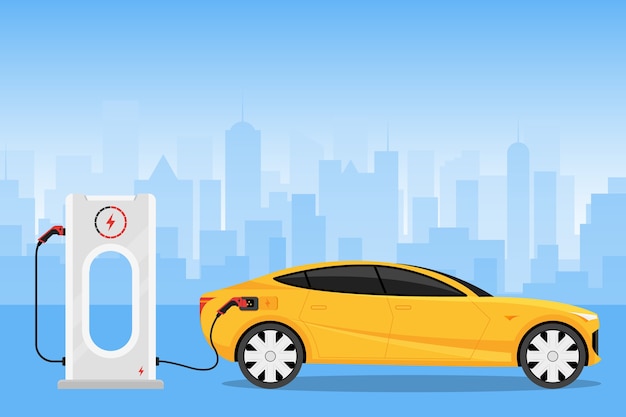 Premium Vector | Electric car charging at the charger station illustration