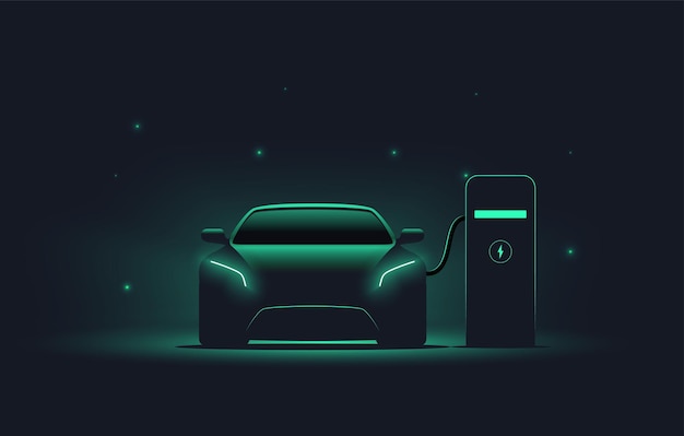 Premium Vector | Electric car at charging station front view electric car  silhouette with green glowing on dark background ev concept