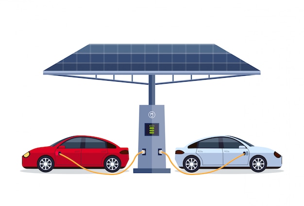 Electric cars charging on electrical charge station with solar panel ...