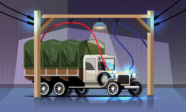 Electric old style truck is charging in garage power station Free Vector