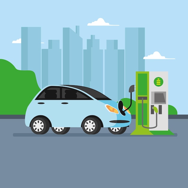 Premium Vector | Electric vehicle and station charging in city