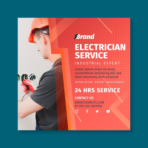 Premium Vector | Electrician service square flyer print template