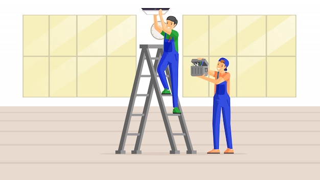仕事で電気技師フラットイラスト はしごの上に立って 天井にランプを取り付ける熟練した職人 ツールキットを保持している若い便利屋 家の改修の専門家 ビルダーが配線をチェック プレミアムベクター