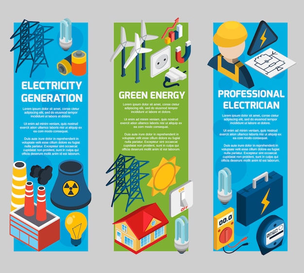 Electricity Isometric Banner Set Free Vector