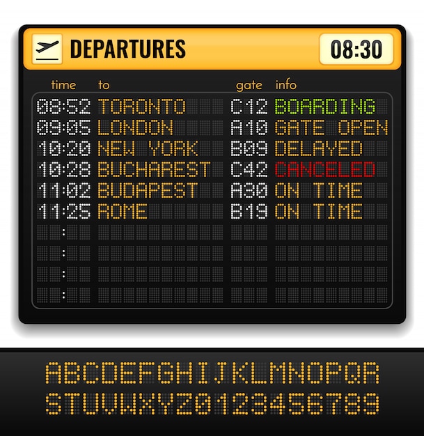 電子空港ボードボードと出発情報イラストに黄色のアルファベットで現実的な構成 無料のベクター