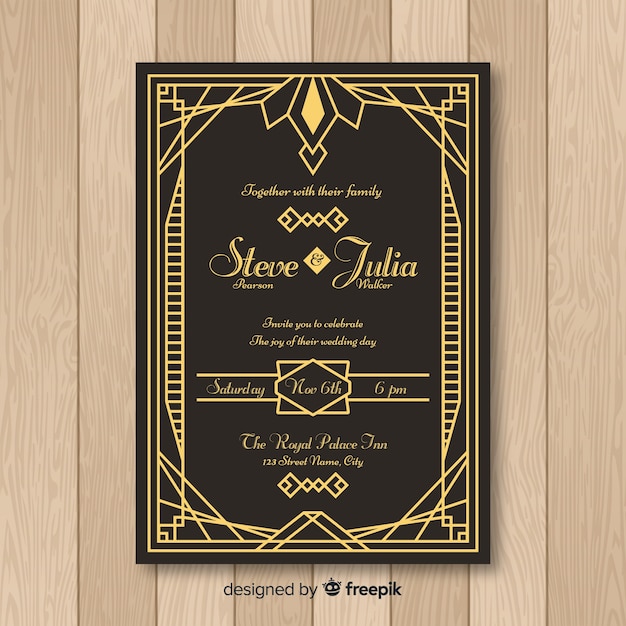 Elegant art deco wedding invitation template Free Vector