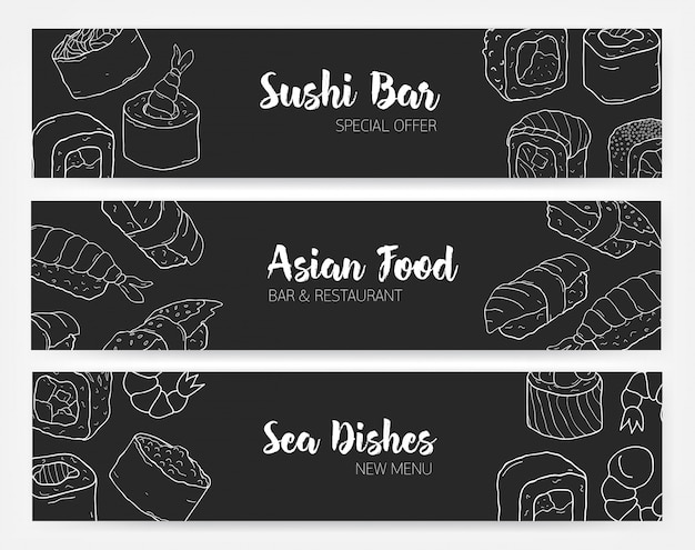 輪郭線で描かれた寿司とロール手で黒と白の色でエレガントなバナーテンプレート 日本料理やアジア料理のレストランの白黒イラスト プレミアムベクター